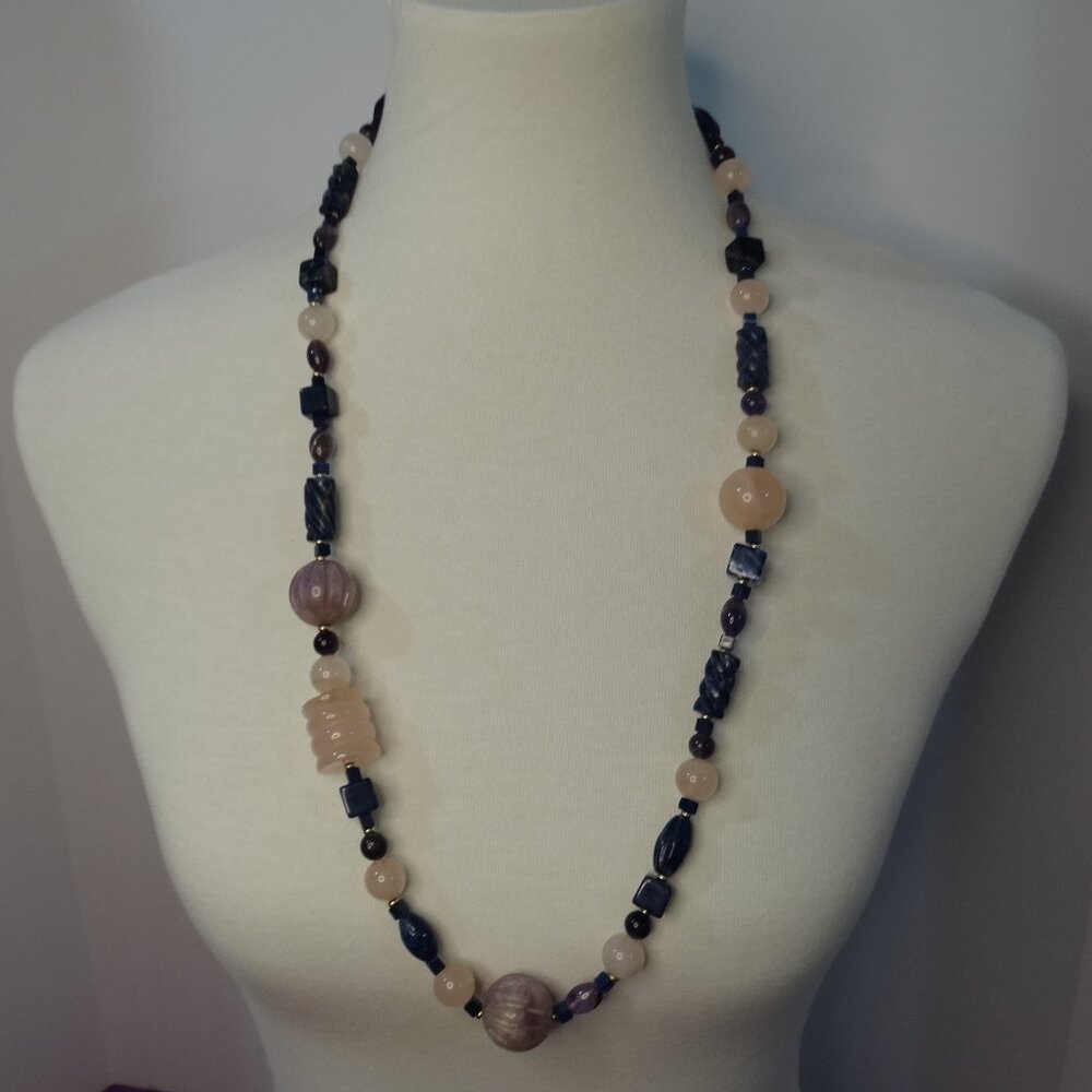 Vintage Sandra David Chunky Pink Blue Purple Bead 30" Necklace Goldtone Spacers